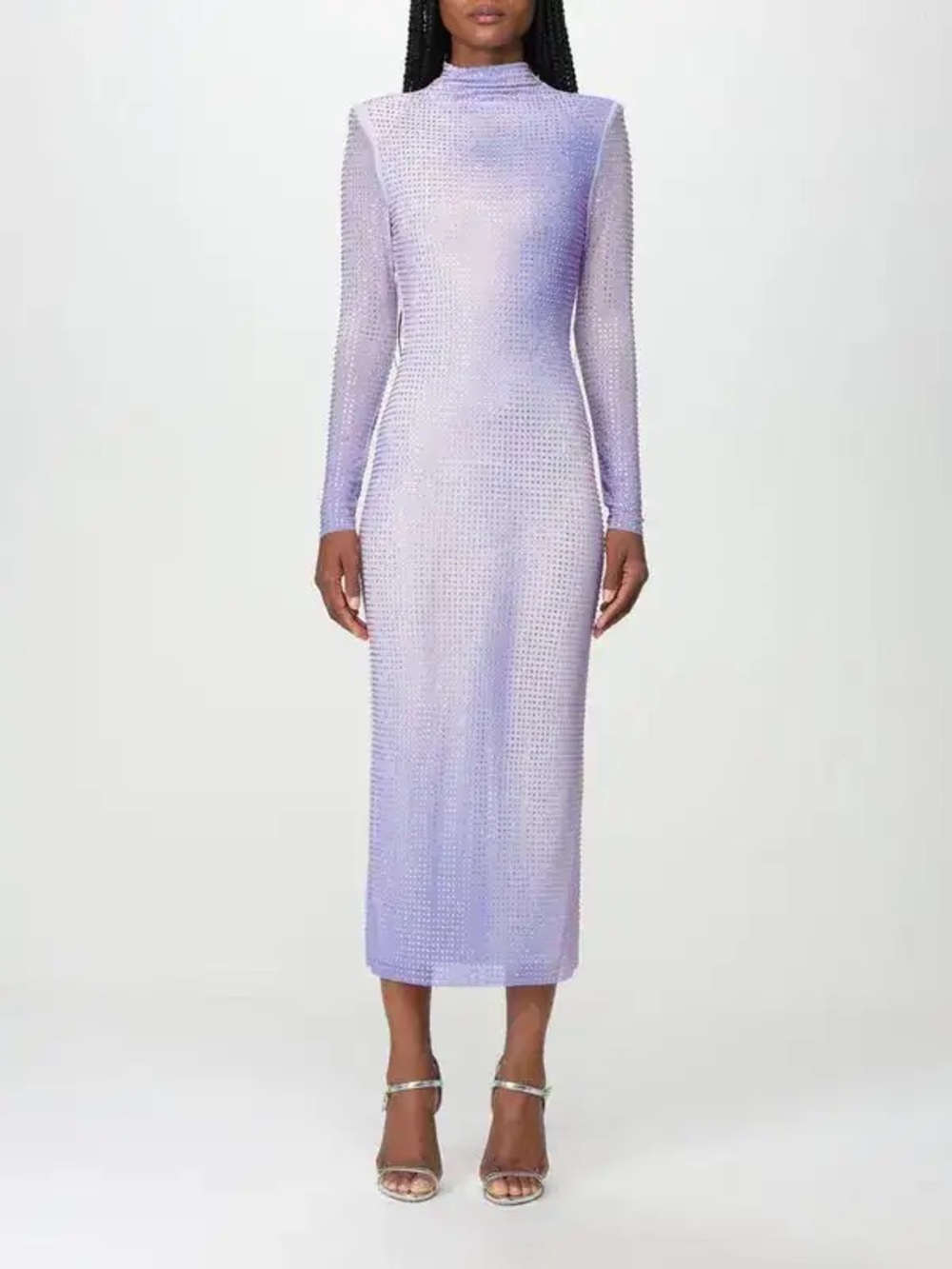Self-Portrait Lavender Long-Sleeve High-Neck Midi Dress